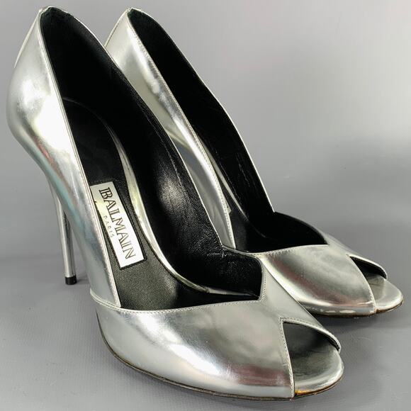 BALMAIN Size 6 Silver Patent Leather Peep Toe Heels Pumps - Picture 1 of 11